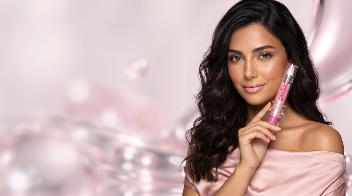 Jamalati lip plumper campaign – model with Mercury shade, blush background